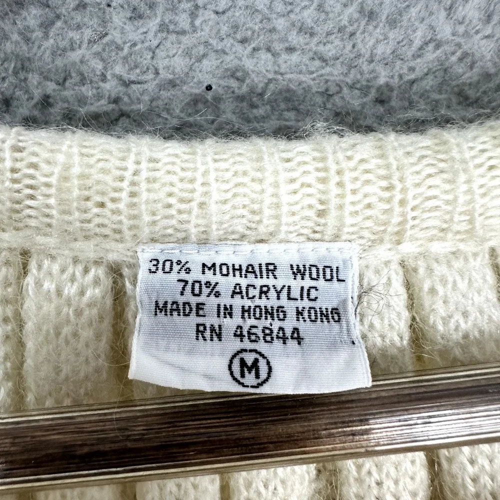 Vintage Sweater Womens Medium‎ Ivory Mohair Blend Open Knit Ruffle Grandma Regal